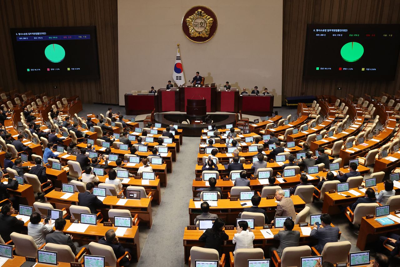  31일 오후 서울 여의도 국회에서 열린 제437회국회(임시회) 제3차본회의에서 형사소송법 일부개정법률안(대안)이 가결되고 있다. 뉴스1
