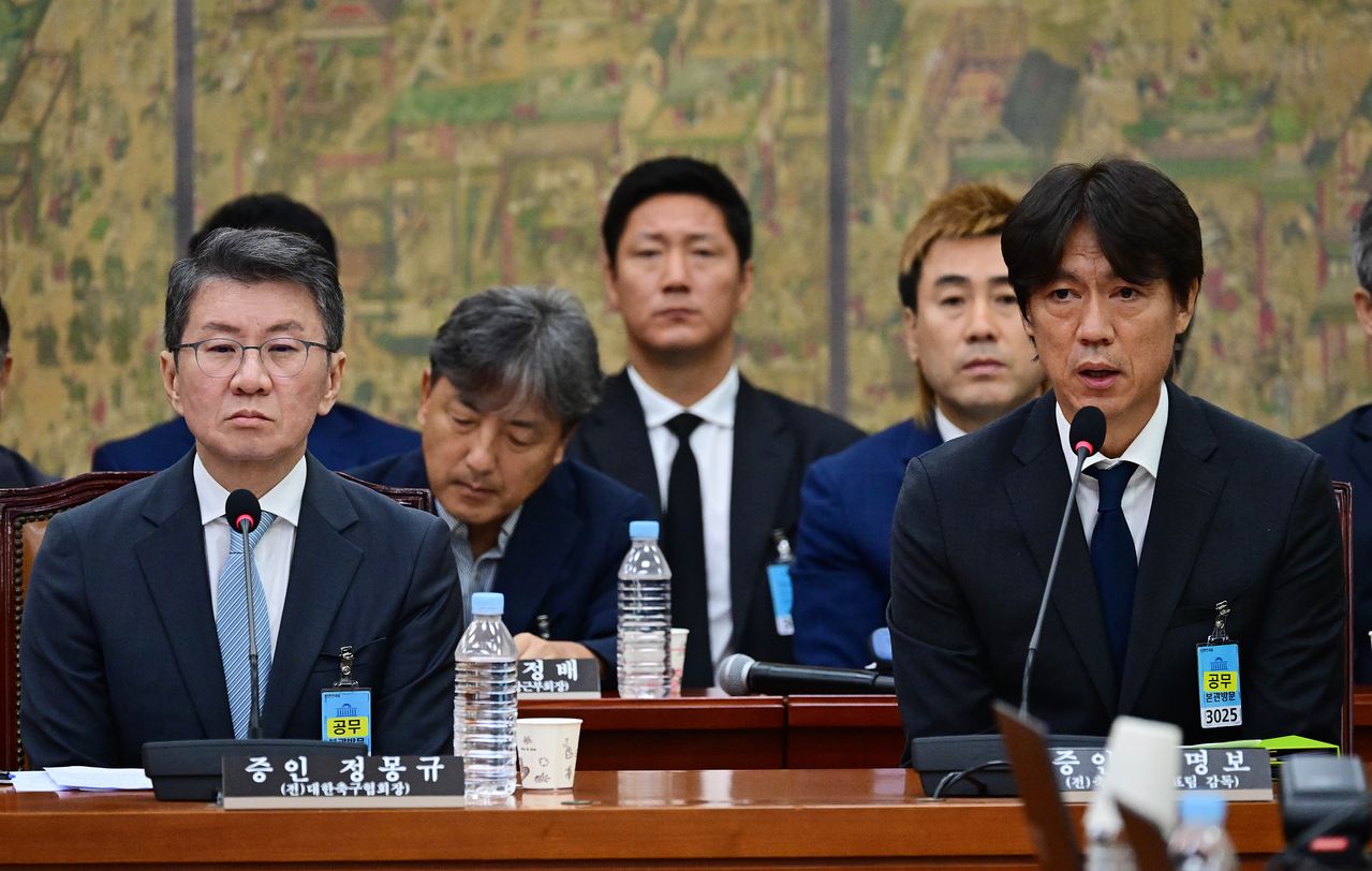 홍명보 전 축구대표팀 감독이 30일 국회 문화체육관광위원회에서 열린 대한축구협회 현안 관련 청문회에 증인으로 출석해 의원들의 질의에 답하고 있다. 뉴스1