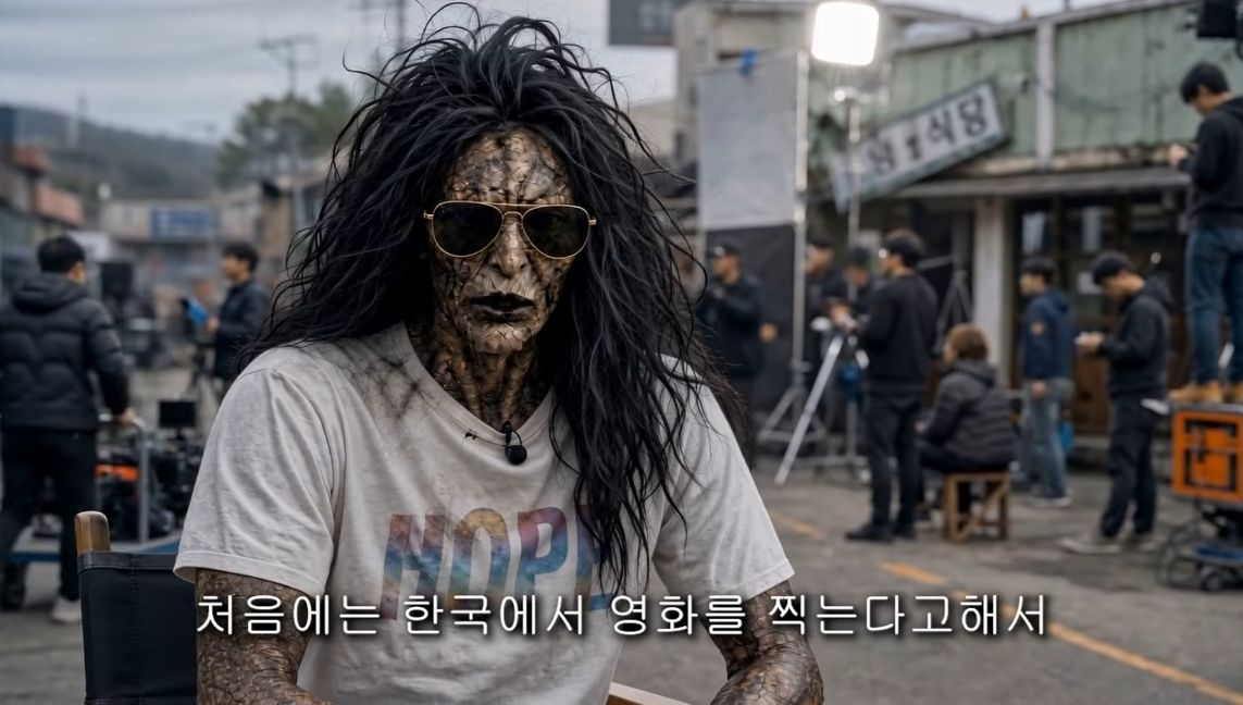생성형 인공지능(AI)으로 만든 영화 '호프' 패러디 영상. 호프 속 외계인 '바미기르'가 촬영장에서 인터뷰하는 모습을 상상해 담았다.[유튜브 '[패러디] 주연의 무게'(Hone5204) 캡처]