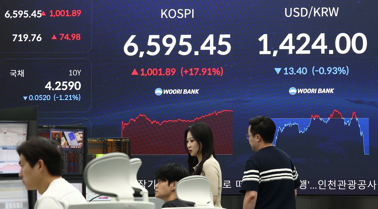 코스피가 폭등하며 역대 최대 상승세를 보인 31일 오후 서울 중구 우리은행 본점 딜링룸 전광판에 코스피 종가가 나오고 있다. 이날 코스피는 전날보다 1001.89포인트(17.91%) 오른 6595.45로 장을 마감하며 역대 최대 상승률과 상승폭을 기록했다. 뉴스1