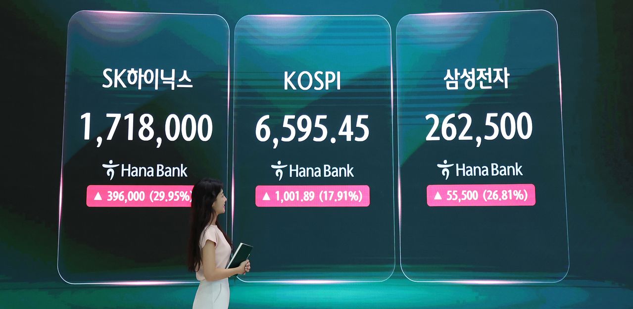 31일 오후 서울 중구 하나은행 딜링룸 전광판에 SK하이닉스 주가가 나타나고 있다. 이날 SK하이닉스는 반도체주 낙폭 과대 인식에 사상 첫 상한가로 마감했다. 뉴스1