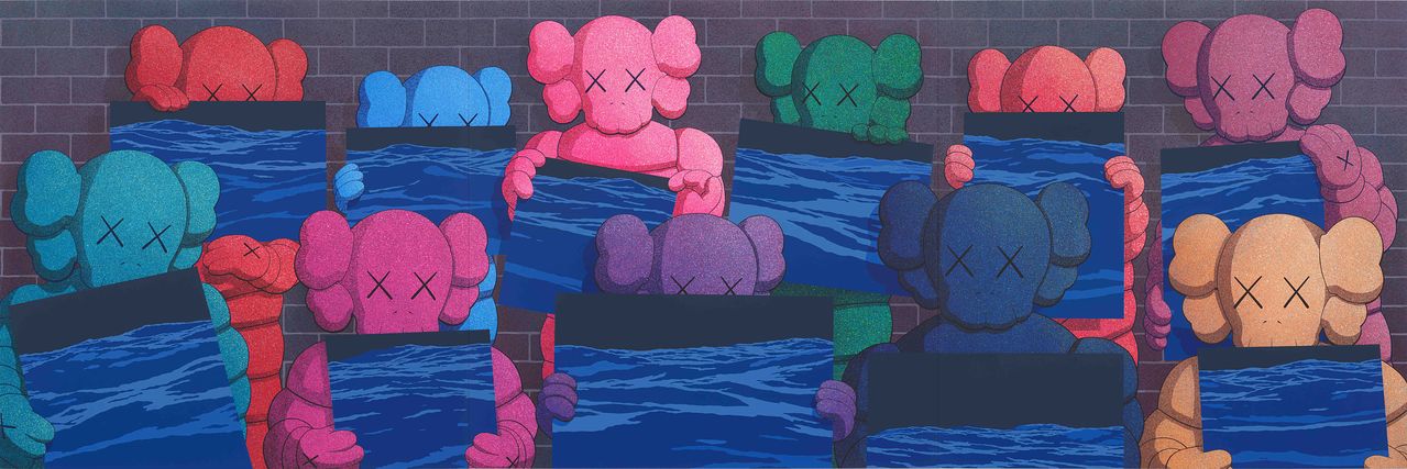 전시장 마지막 그림 '치유'(2025). 11명의 첨(Chum, 진정한 친구) 캐릭터가 저마다 그린 바다 그림을 들고 있다. 사진 스페이스K