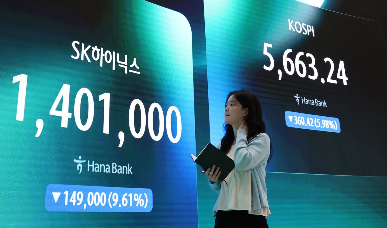 2거래일 연속으로 코스피, 코스닥 시장에 서킷브레이커가 발동한 지난달 29일 서울 중구 하나은행 본점 딜링룸 전광판에 코스피 및 SK하이닉스 종가가 표시되어 있다. 뉴스1