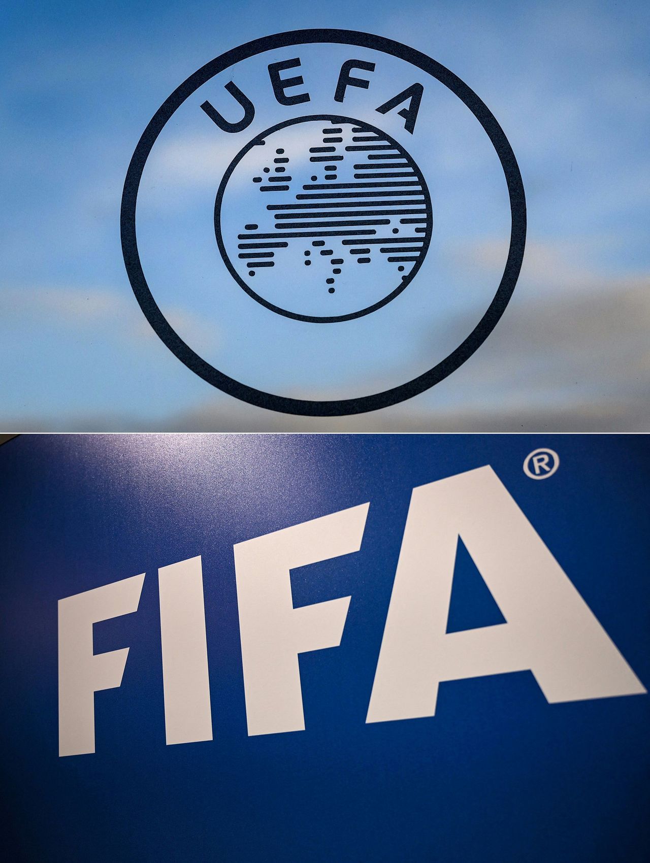 위로부터 유럽축구연맹(UEFA)와 국제축구연맹(FIFA) 로고. AFP=연합뉴스