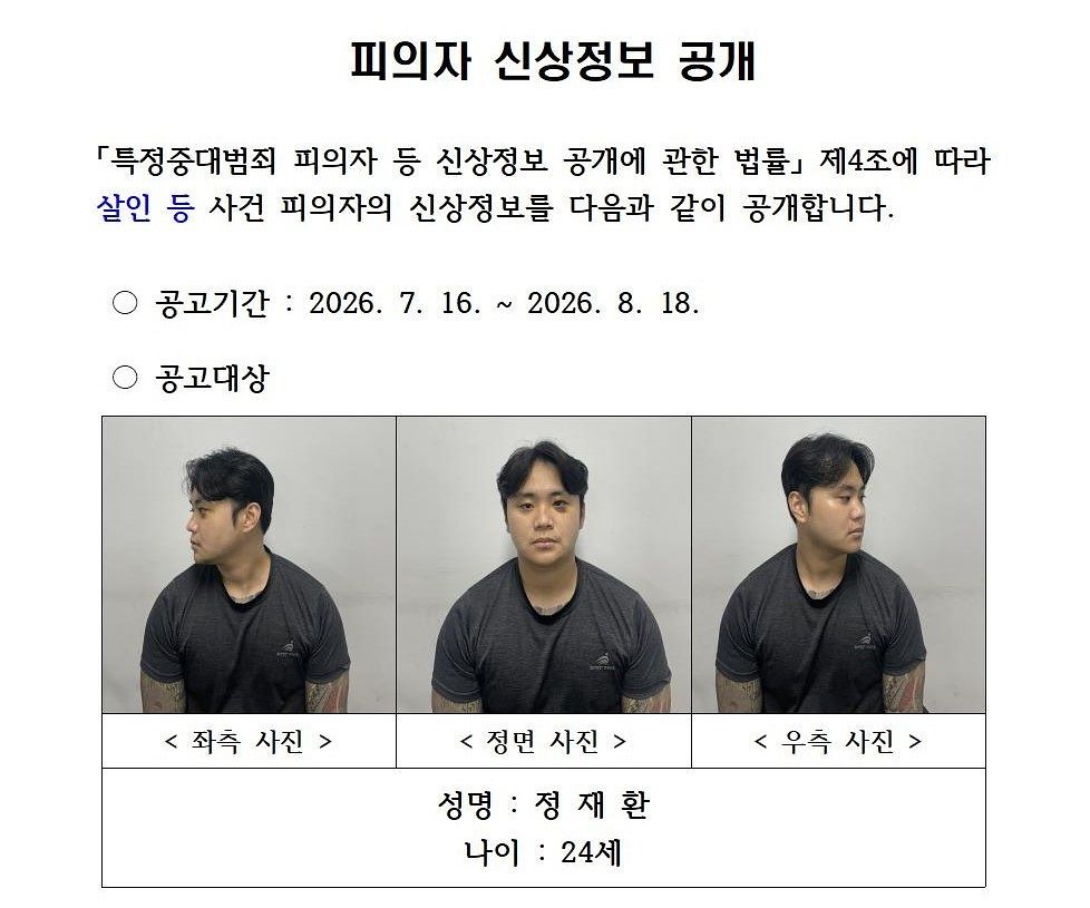 경북경찰청이 흉기로 친구를 살해한 혐의를 받고 있는 정재환의 신상을 16일 공개했다. 사진 경북경찰청