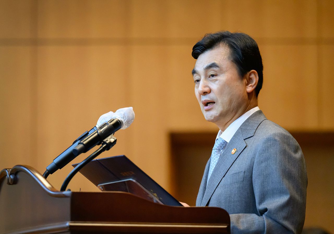안규백 국방부 장관이 3일 경기 과천 본부에서 열린 국방방첩본부 창설 행사에서 훈시하고 있다. 국방부 제공=연합뉴스