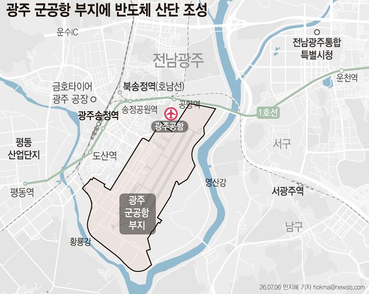 호남권 반도체 클러스터가 광주 군공항 부지에 조성된다 .광주 군공항 지역은 250만평 규모의 부지 확보가 가능하고 공항 특성상 이미 평탄화가 완료돼 있다. 현재 광주 군공항 이전은 무안지역을 중심으로 관련 절차가 진행되고 있다. 뉴시스