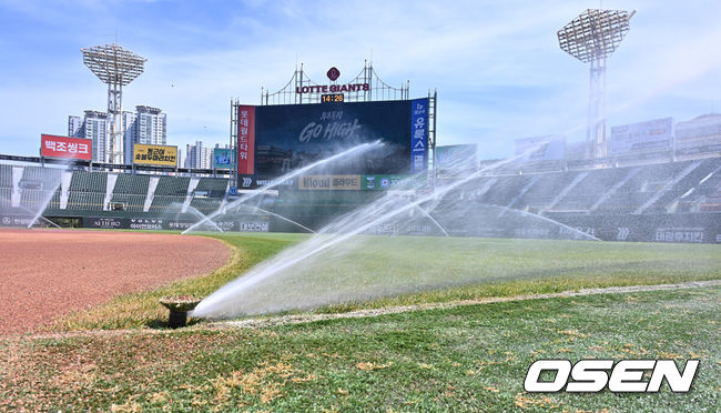 [OSEN=부산, 이석우 기자] 31일 부산 사직야구장에서 2026 신한 SOL KBO 리그 롯데 자이언츠와 삼성 라이온즈의 경기가 열린다. 홈팀 롯데는 김진욱이, 방문팀 삼성은 원태인이 선발 출전한다.폭염중대경보가 내려진 부산 사직야구장에 열기를 식히기 위해 스프링 쿨러가 가동돼 그라운드를 식히고 있다. 2026.07.31 / foto0307@osen.co.kr