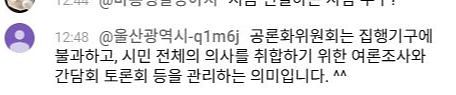 김상욱 울산시장이 시의회 본회의 도중 작성한 유튜브 댓글. 사진 유튜브 캡쳐