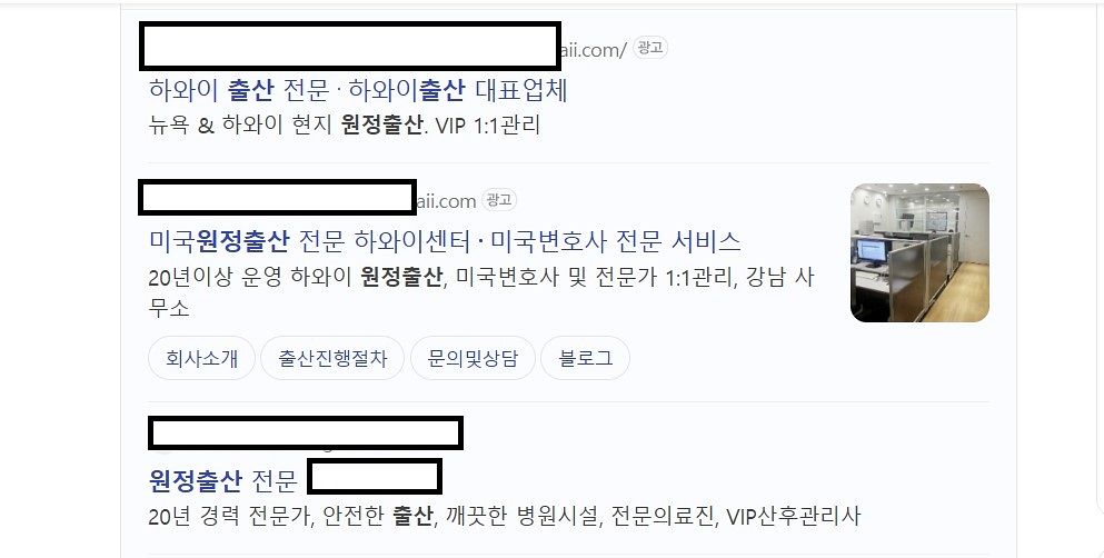 국내 포털 사이트에 등록된 미국 '원정출산 대행업체'의 광고. 트럼프 미국 행정부는 원정출산의 당사자뿐 아니라 이를 알선하는 조직에 대한 강경한 대응을 위한 태스크포스를 12일(현지시간) 출범했다고 밝혔다. 