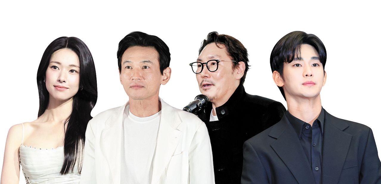 많게는 수백억원의 제작비가 드는 영화·드라마가 출연 배우 논란으로 공개를 못하는 등 타격받는 사례가 이어지고 있다. 사진은 작품 활동 중 개인적 논란에 휩싸인 배우 하영·황정민·조진웅·김수현(왼쪽부터). [뉴스1·연합뉴스]