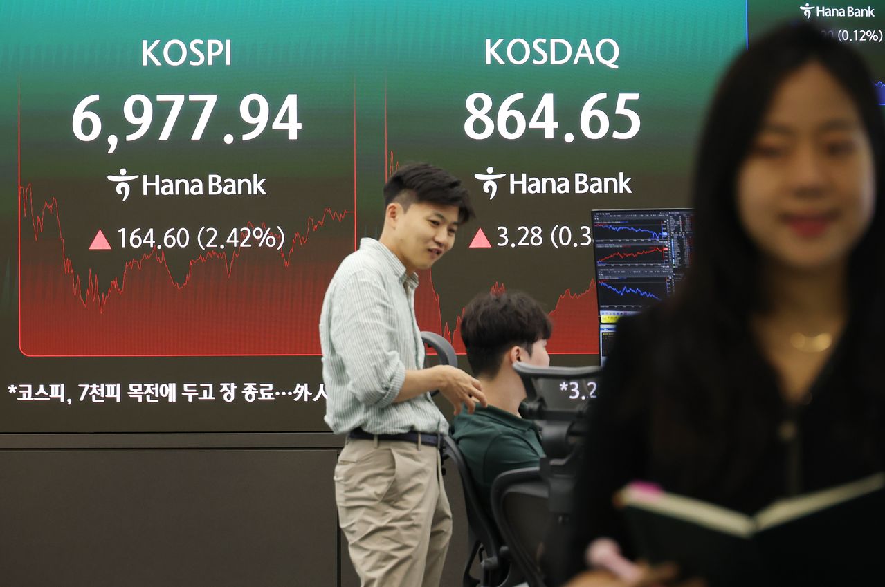 14일 중구 하나은행 본점 딜링룸 전광판에 코스피 종가가 표시돼 있다. 이날 코스피는 164.60포인트(2.42%) 오른 6,977.94로 거래를 종료했다. 연합뉴스