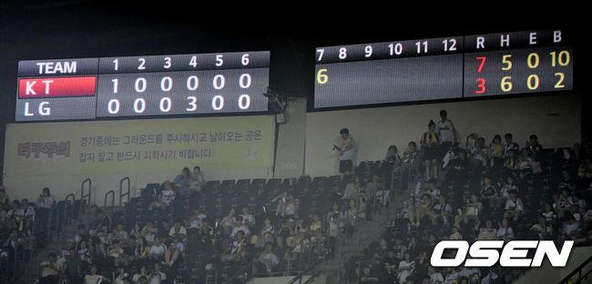 [OSEN=잠실, 지형준 기자] 20일 서울 잠실야구장에서 2026 신한 SOL KBO리그 LG 트윈스와 KT 위즈의 경기가 열렸다.LG는 신예 박시원, KT는 베테랑 고영표가 선발로 나섰다.7회초 6실점을 허용한 LG. 볼넷은 10개째 허용. 2026.08.20 / jpnews@osen.co.kr