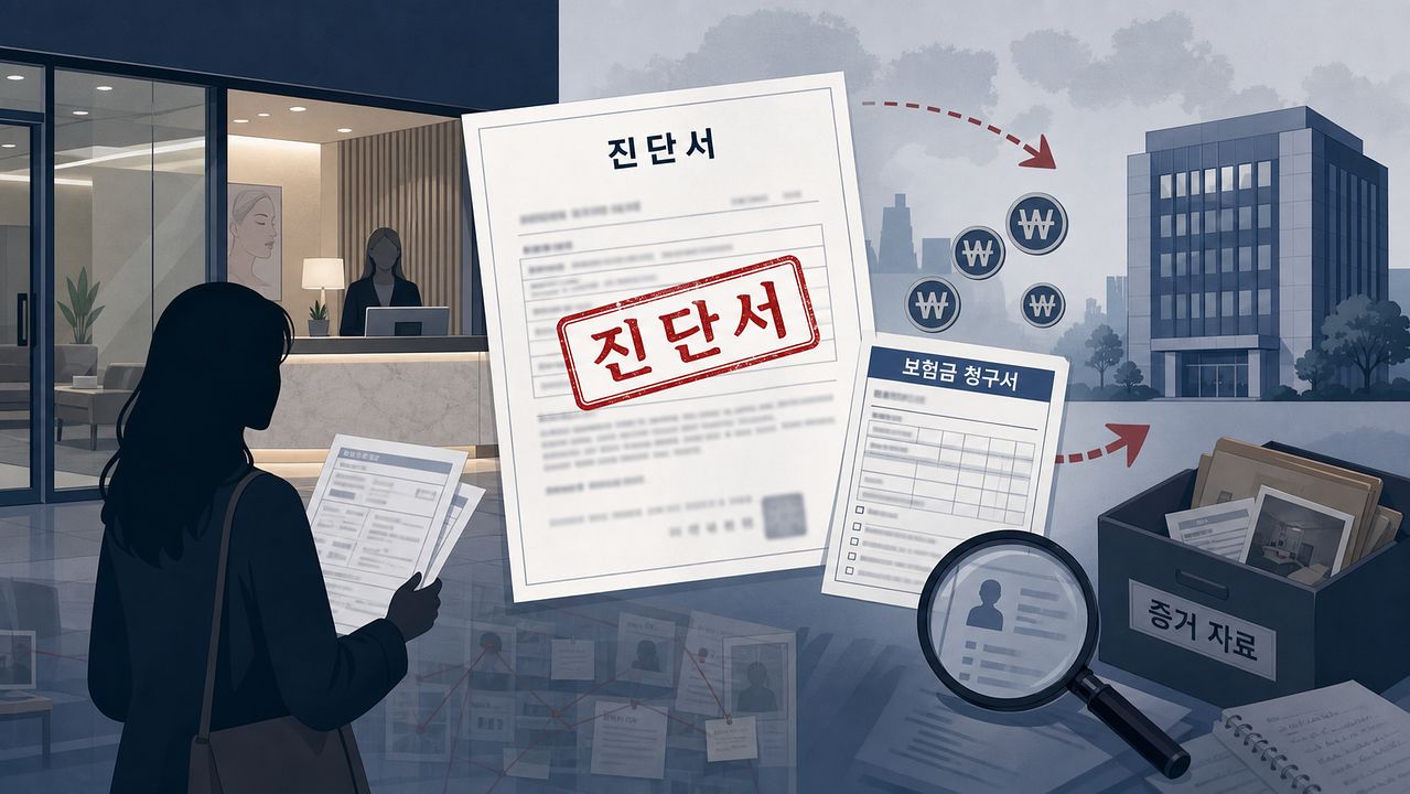 경찰은 보험사기방지법 위반 혐의로 지난 7월 강남 A병원을 압수수색하고 이곳에서 지방흡입 후 사후관리를 받은 환자들 360여명을 소환조사했다. 사진은 해당 사건을 도식화한 인공지능(AI) 일러스트. 퍼플렉시티(Perplexity).