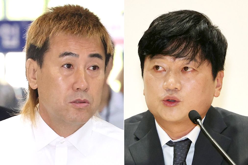 김병지 대한축구협회 부회장(왼쪽)과 박문성 축구 해설위원. 연합뉴스·뉴스1