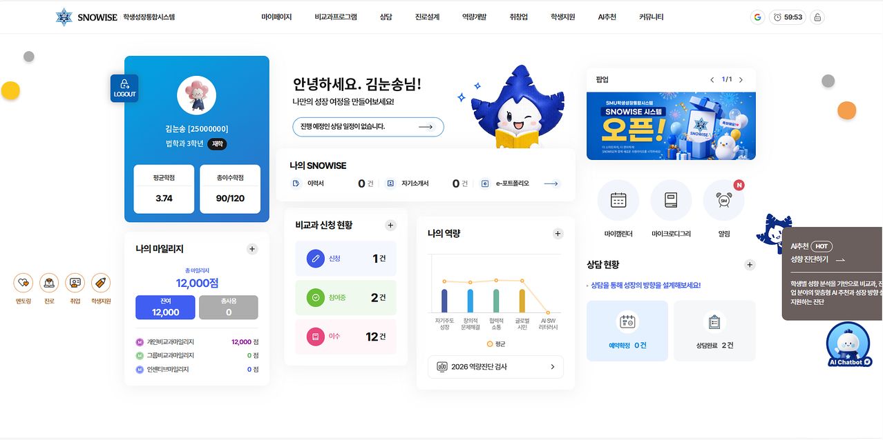 숙명여대 학생성장통합시스템 ‘스노와이즈(SNOWISE)’ 메인 화면. 
