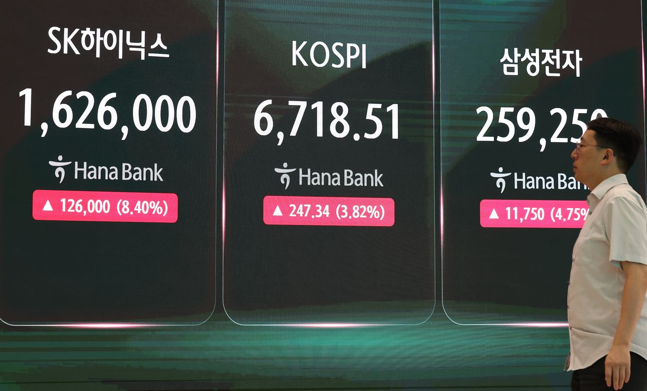지난 20일 서울 중구 하나은행 본점 딜링룸 전광판에 코스피 및 SK하이닉스, 삼성전자 주가가 표시돼있다. 연합뉴스