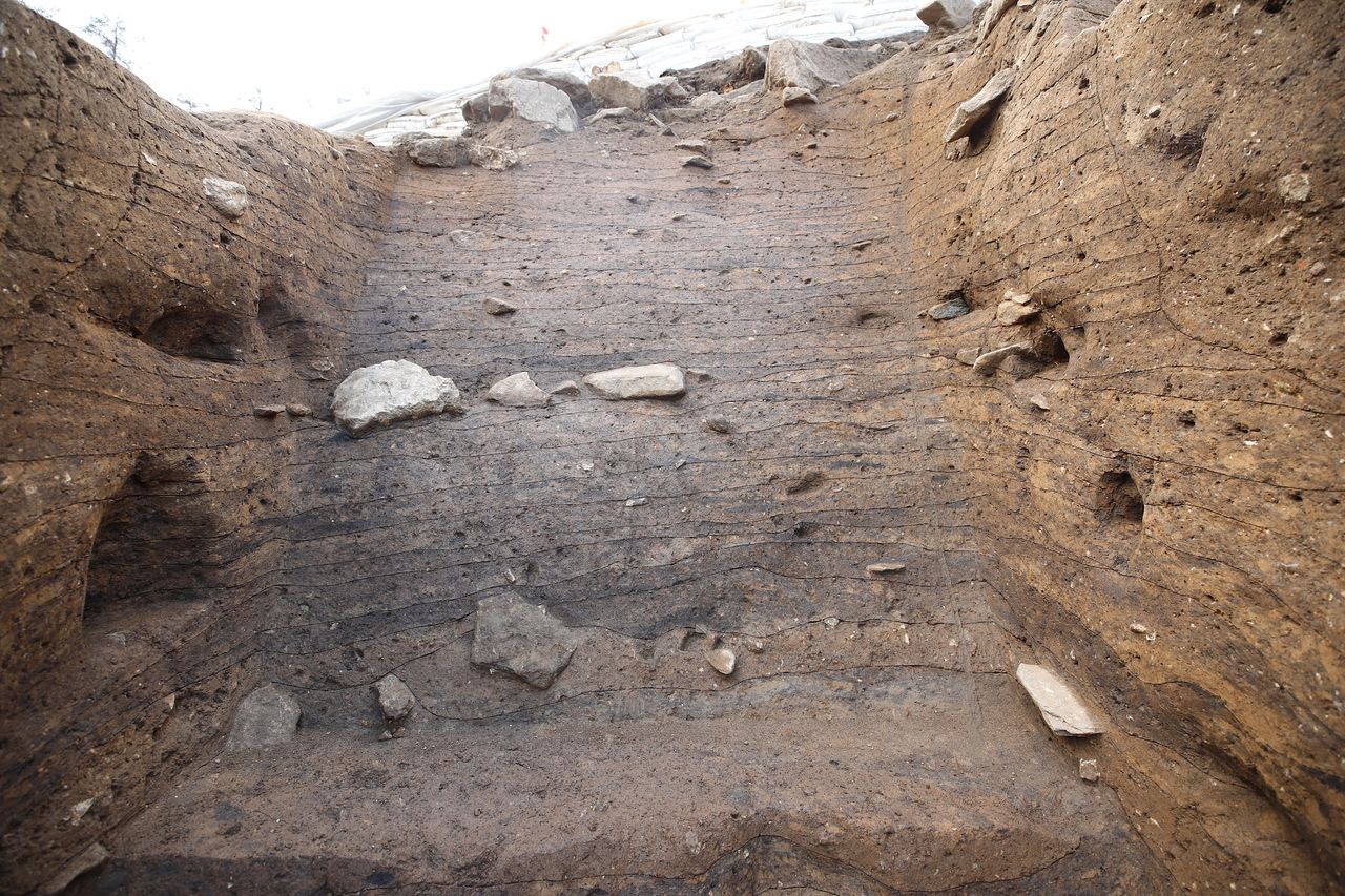 충주 장미산성 판축성벽 세부. 사진 국립중원문화유산연구소