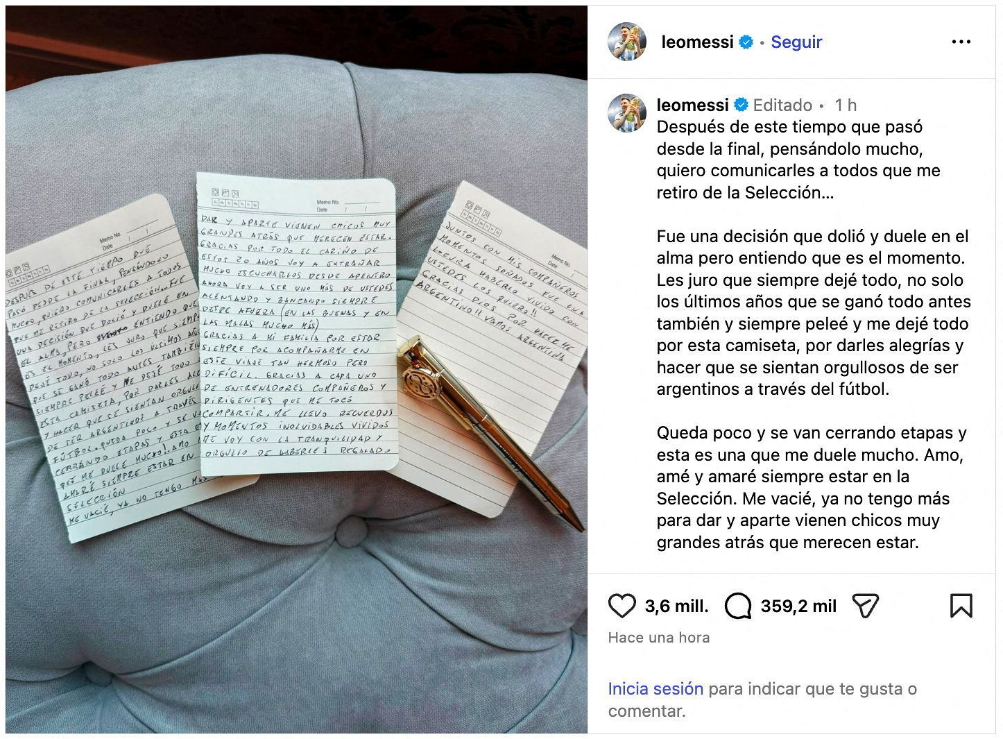 메시가 31일 자신의 SNS에 올린 메모와 게시글. 사진 메시 인스타그램