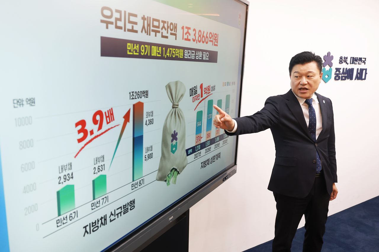 신용한 충북지사가 27일 충북도청에서 민선 9기 재정정사화 계획과 제 3회 추가경정예산안을 설명하고 있다. 사진 충북도