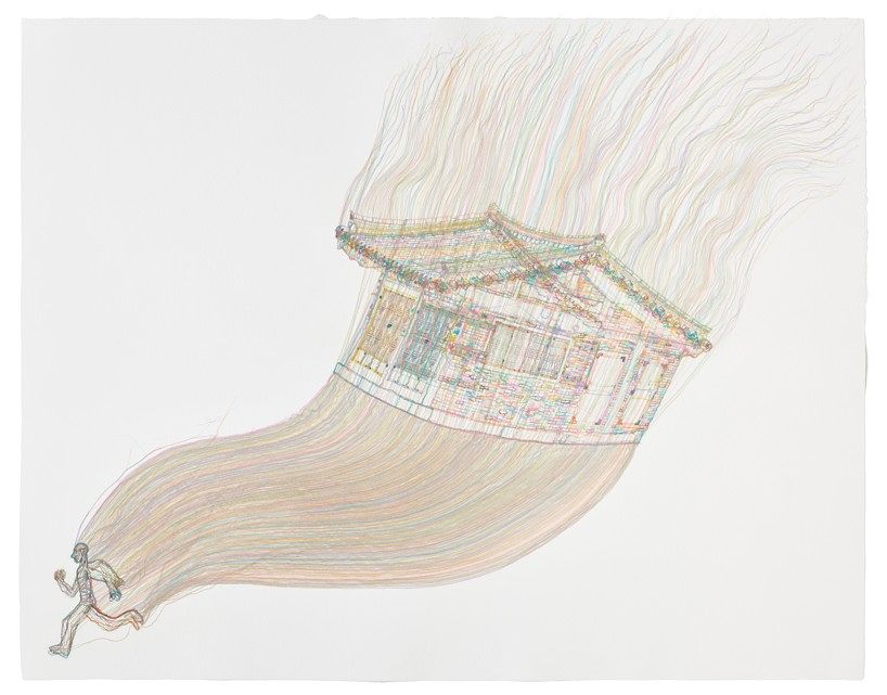 실 드로잉 '쫓아오는 집'(2019). 어디를 가든 귀신처럼 쫓아오는 집에 사로잡힌 사람은 서도호만이 아닐 거다. 사진 서도호ㆍSTPIㆍ리만머핀ㆍ빅토리아 미로