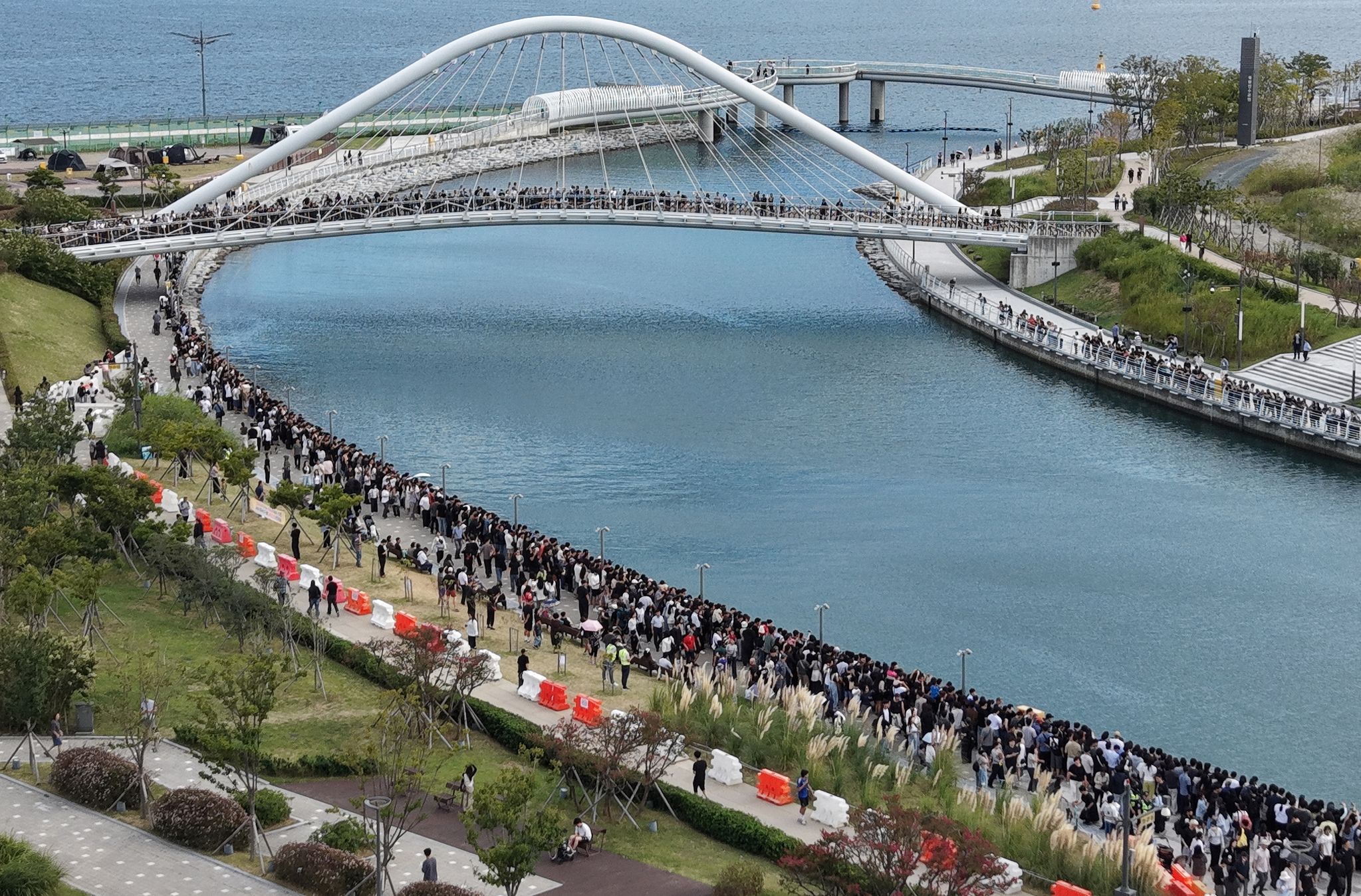 23일 부산 북항 친수공원 수로에 출몰한 상어를 보기 위해 시민과 관광객들이 몰려 북적이고 있다.