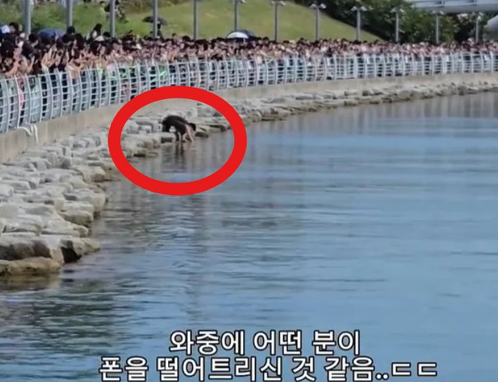 부산 북항친수공원에서 한 시민이 상어가 목격된 수로에 손을 담가 휴대폰을 찾고 있는 모습. SNS 캡처