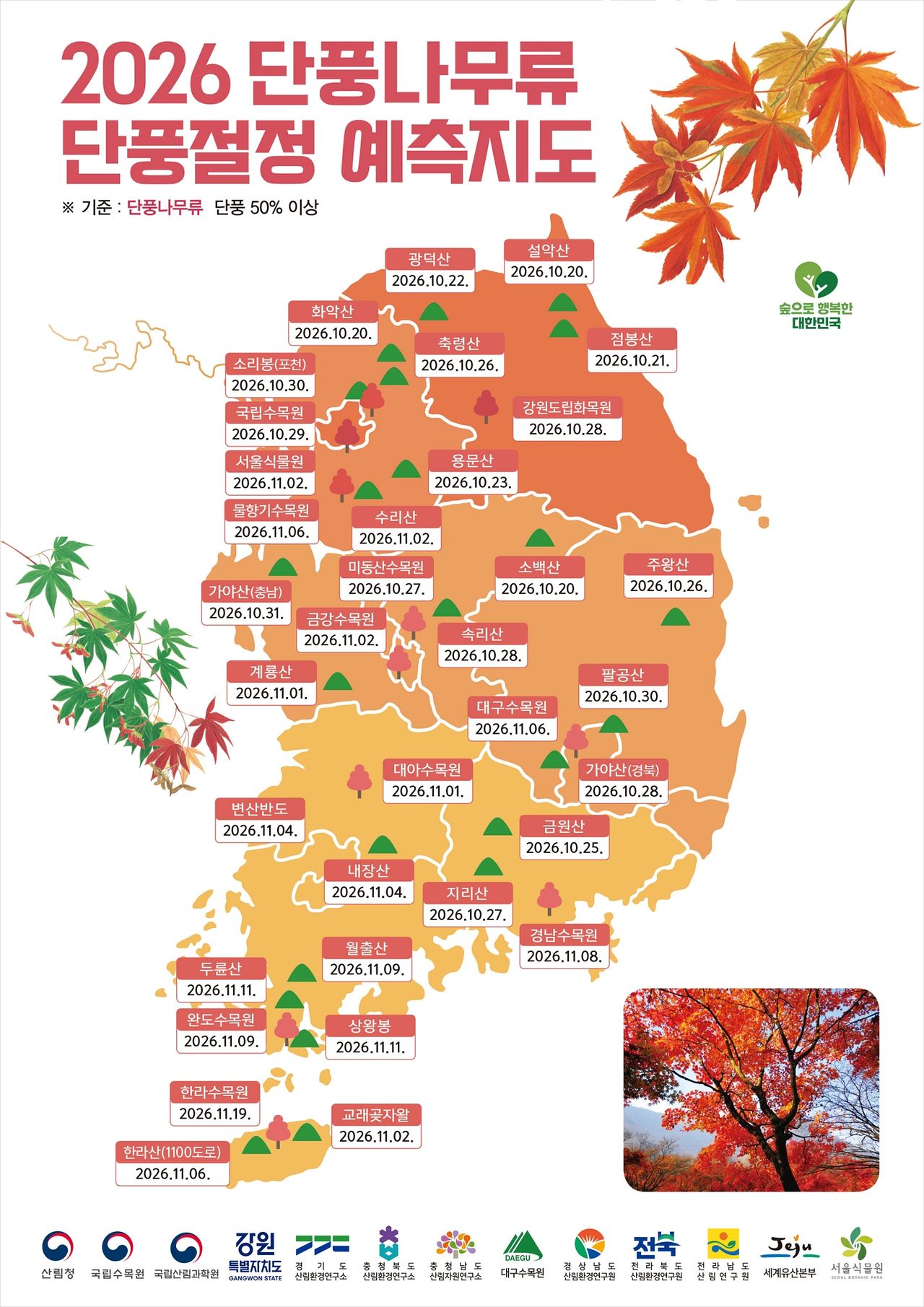 산림청이 발표한 2026 참나무류 단풍 절정 예측지도. 올해 설악산 단풍은 10월 20일, 내장산은 11월 4일쯤 절정을 이룰 것으로 전망된다. [사진 산림청]