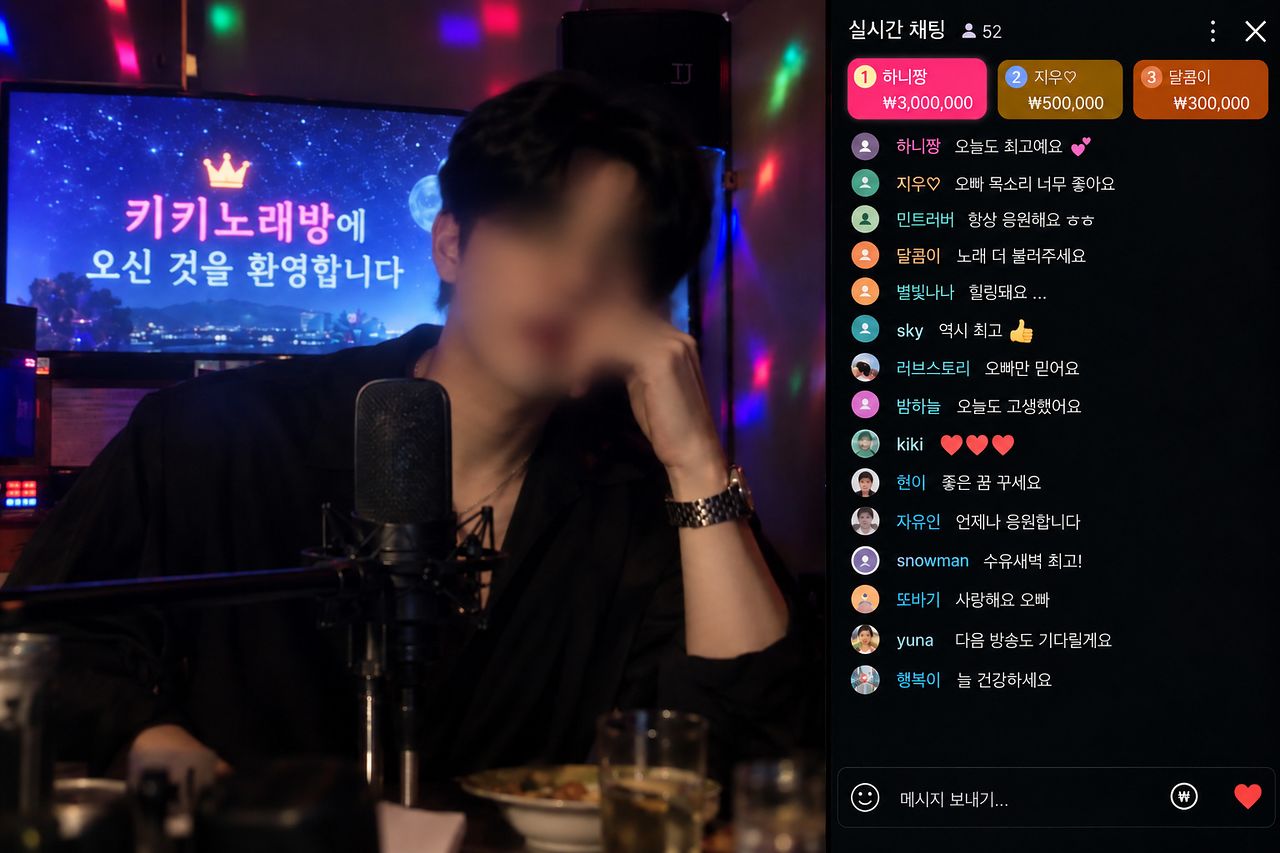 호스트를 관둔 상간자는 유튜브 라이브 방송으로 활동 무대를 옮겼다. 평균 시청자는 50여 명에 불과했지만 하루 후원금은 300만원을 넘겼고, 후원 순위 1위 시청자와는 방송이 끝난 뒤 직접 만났다. AI 생성 이미지.