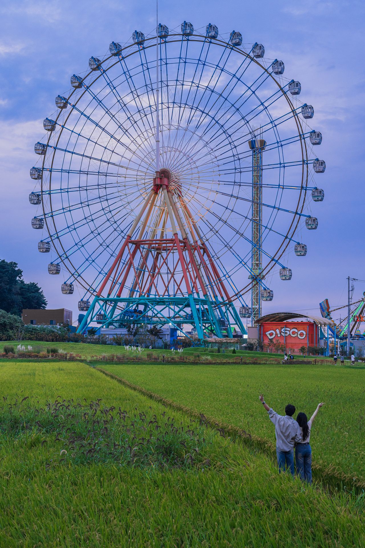 당진 삽교호 놀이동산의 대관람차. 해 질 녘 기념사진을 담으려는 여행자들이 놀이동산 뒤편 논두렁으로 몰려든다. 백종현 기자