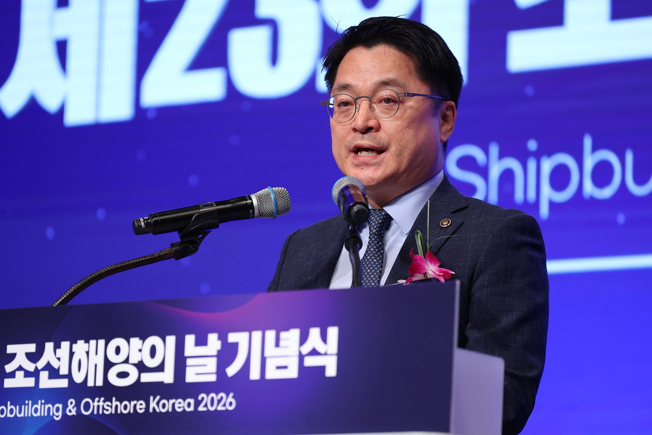 문신학 산업통상부 차관이 10일 서울 서초구 엘타워에서 열린 2026 제23회 조선해양의 날 기념식에서 기념사를 하고 있다. [연합뉴스]