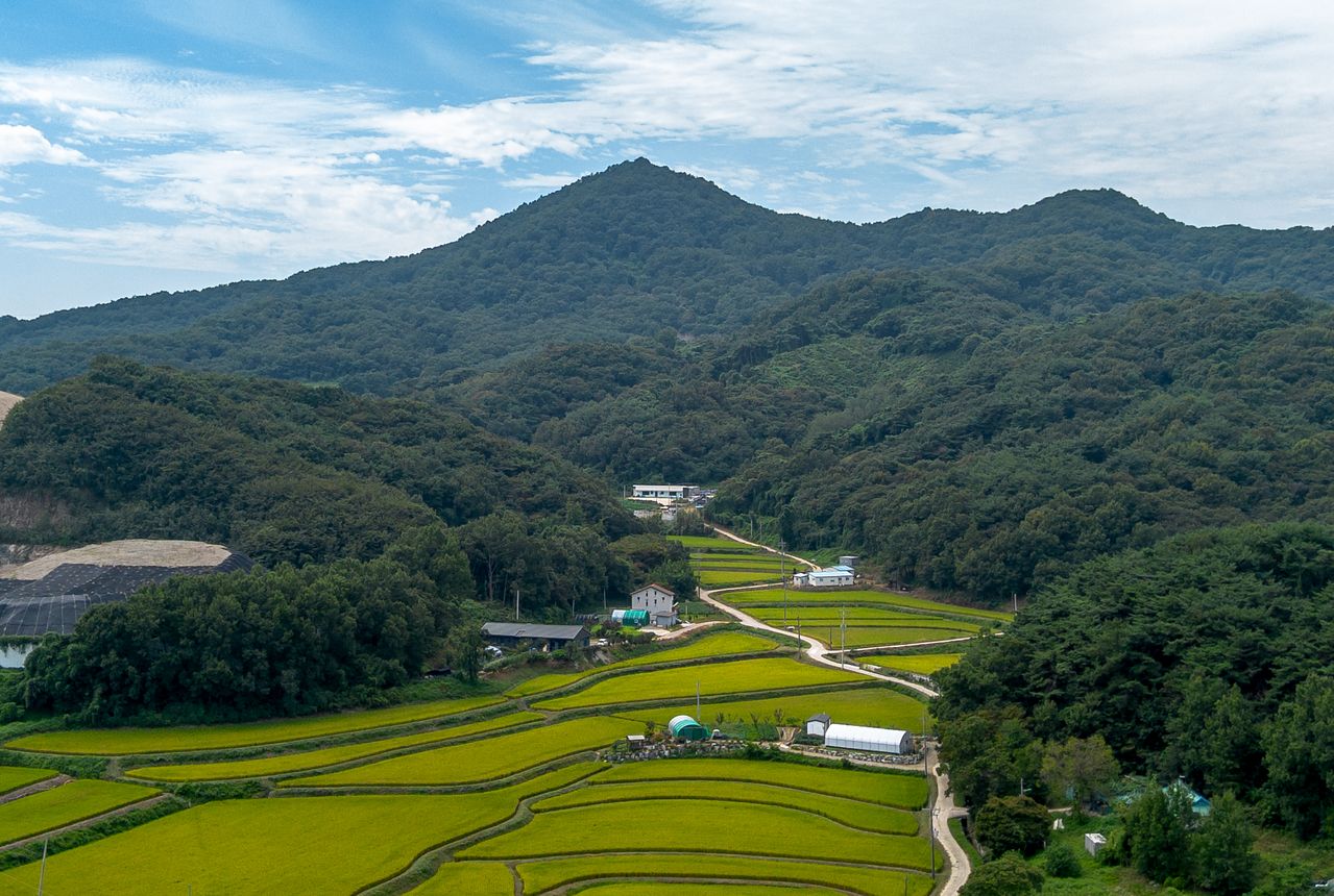 하늘에서 본 아미산. 해발 349m로, 당진에서 가장 높은 산이다. 백종현 기자