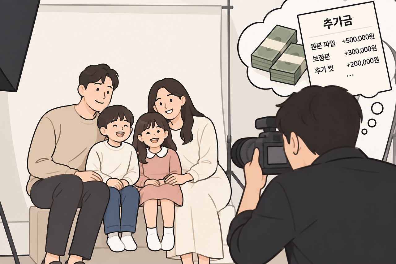 사진 스튜디오에서 사진을 촬영 중인 가족 이미지. 일러스트 챗GPT 생성