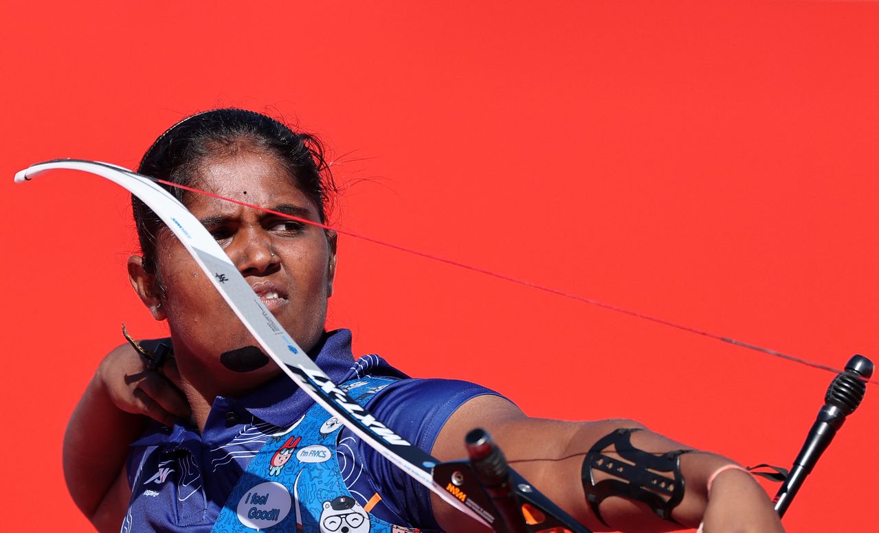 Asian Games - Aichi-Nagoya 2026 - Archery - Recurve Women's Team - Semifinals - India v China - Okazaki Central Park Multipurpose Square, Okazaki, Japan - October 2, 2026 India's Kumkum Anil Mohod in action REUTERS/Anushree Fadnavis  〈저작권자(c) 연합뉴스, 무단 전재-재배포, AI 학습 및 활용 금지〉