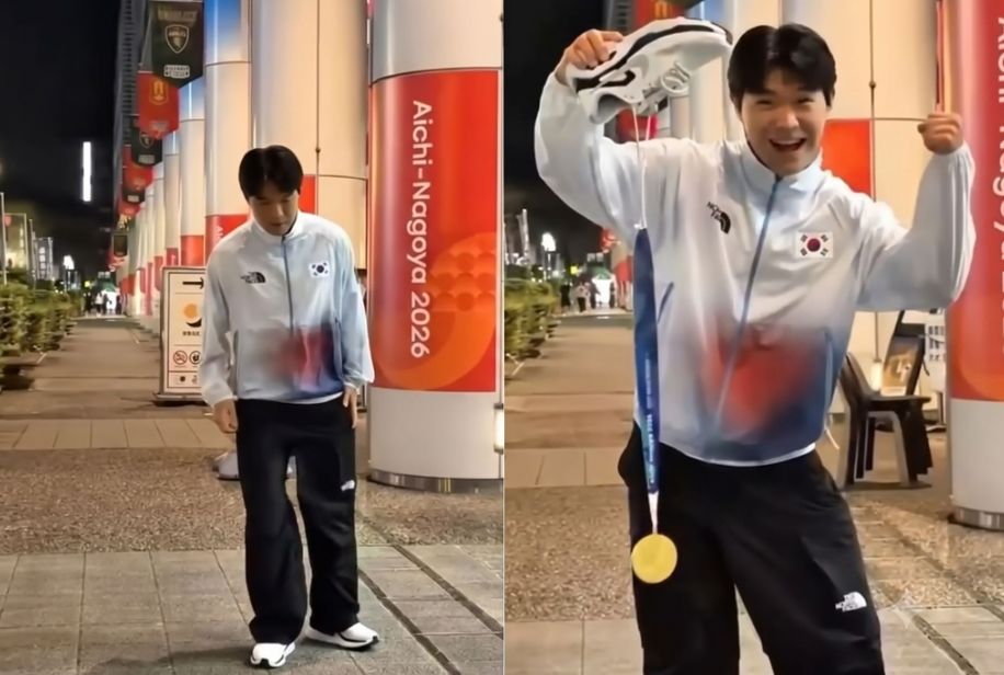 아시안게임 축구 금메달리스트 최우진이 SNS에 한 발을 절뚝거리며 걷다가 운동화 벗어들고 그 안에 매달아 숨겨 둔 금메달이 나오는 장면을 연출했다. 사진 최우진 SNS 캡처
