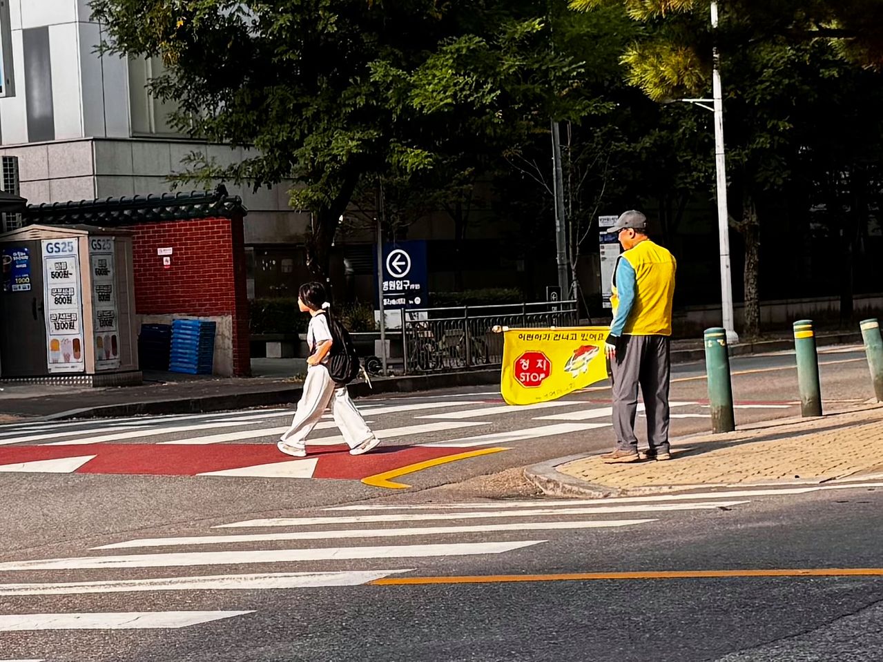 교통지킴이로 나선 70대 남성이 횡단보도를 건너는 초등생을 보살펴 주고 있다. 김홍준 기자