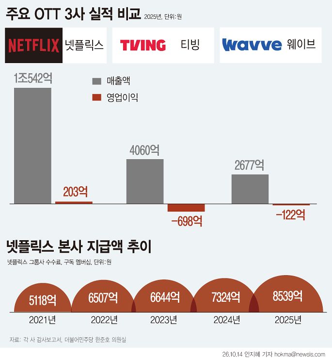 넷플릭스가 지난해 국내에서 1조원이 넘는 매출을 올렸지만, 매출의 81%를 미국 본사에 지급하면서 국내 법인의 영업이익은 203억원(1.9%)에 그친 것으로 나타났다. 뉴시스