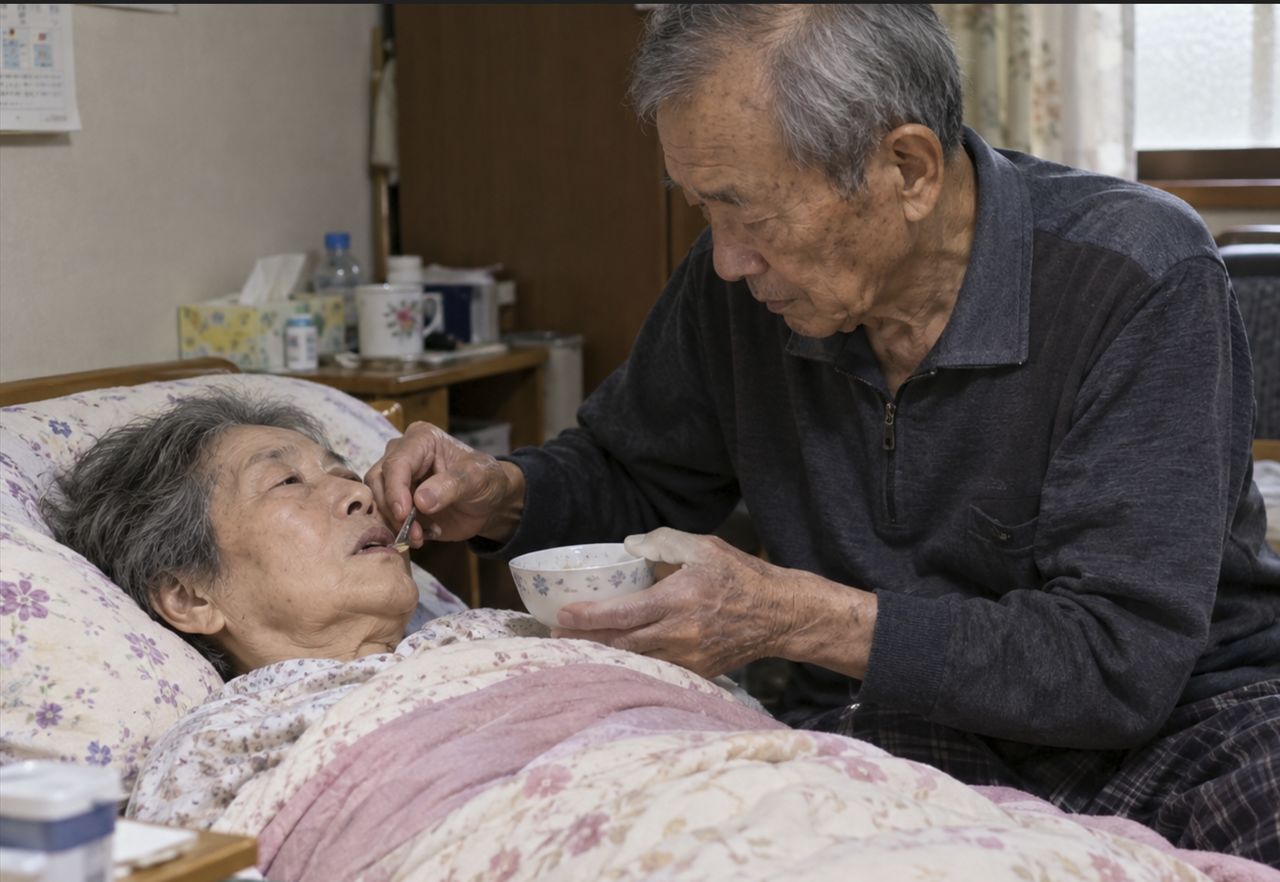 몸져 누운 70대 아내를 병약한 70대 남편이 보살피는 모습을 묘사해 생산한 생성형 AI 사진. 사진 챗GPT 