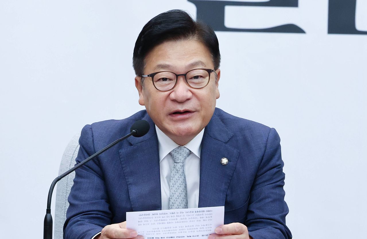 정점식 국민의힘 원내대표가 16일 국회에서 열린 국정감사대책회의에서 발언하고 있다. 임현동 기자