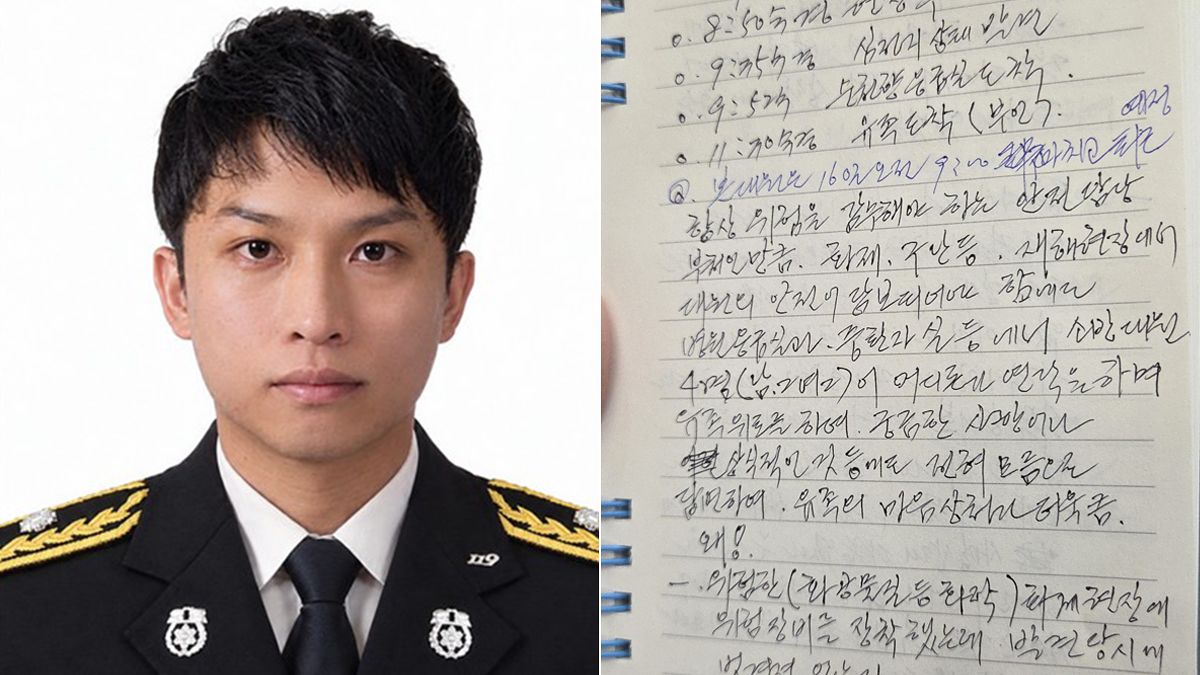 부천 공장 화재를 진압하다 순직한 고(故) 김진석 소방위(왼쪽). 오른쪽은 김 소방위의 유족이 사고 당시 구조 상황과 의문점을 정리한 수첩. 사진 유족, 연합뉴스 