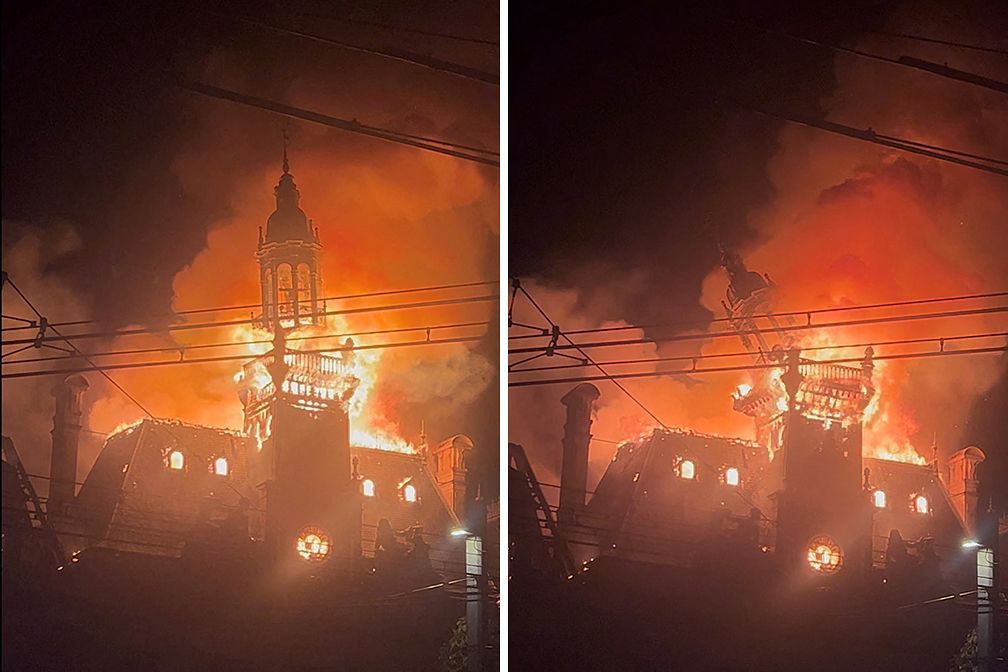 지난 17일(현지시간) 프랑스 중부 오트비엔주 리모주에서 시위대 방화로 1883년 지어진 시청 건물이 불타 무너지는 모습. 교육 환경 개선을 요구하며 수 주간 이어진 청년들의 시위가 치솟는 생활비와 연료 가격에 항의하는 전국적인 반정부 시위로 확산했다. 이날 프랑스 1750개 지역에서 당국 추산 50만 명이 시위에 참여했다. [로이터=연합뉴스]