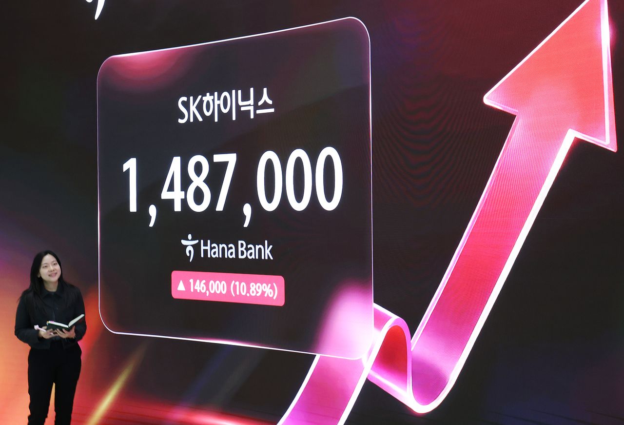 SK하이닉스가 60조원 규모의 추가 주주환원 정책을 발표한 28일 주가는 10.9% 올라 148만7000원으로 마감했다. 이날 하나은행 전광판에 표시된 SK하이닉스 주가. [뉴스1]
