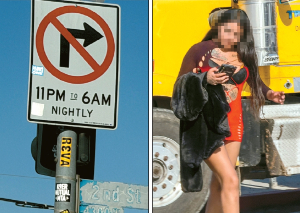 매춘 방지를 위해 LA한인타운 웨스턴 애비뉴의 일부 구간에 설치된 우회전 금지 사인(왼쪽). 성매매로 유명한 피게로아 스트리트의 풍경. 김상진 기자 