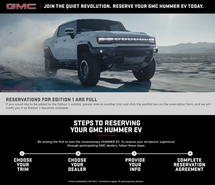 에디션 1 완판을 안내하고 있는 GMC 허머EV 웹사이트. [GMC 웹사이트 캡처]