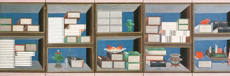 1975~1977년 창덕궁 낙선재서 전시된 여섯 폭짜리 책거리 병풍. Norman Sibley가 촬영했다. 최근 출간된 책거리 그림 영문 연구서는 케이 E 블랙 여사(아래 사진)의 유작이 됐다. [사진 사회평론아카데미]