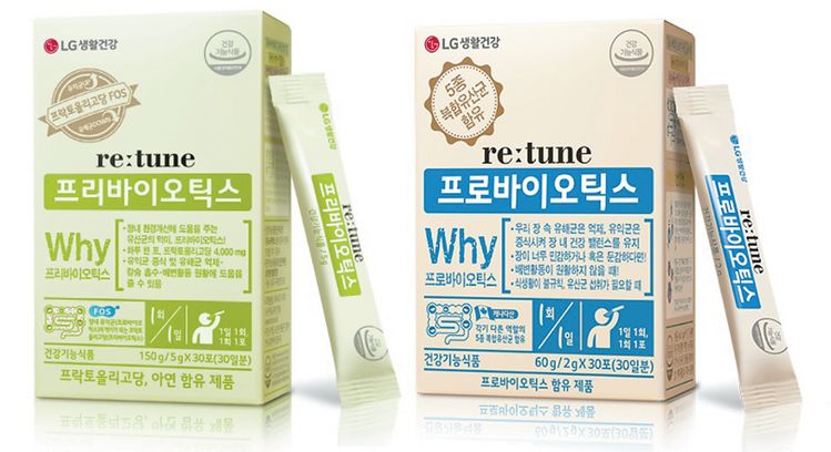 LG생활건강에서 장 건강을 위한 유익균이 들어있는 리튠 프로바이오틱스(사진 오른쪽)와 이 유산균이 장내에 정착하기 위한 최적의 환경을 만들어주는 리튠 프리바이오틱스를 출시했다.