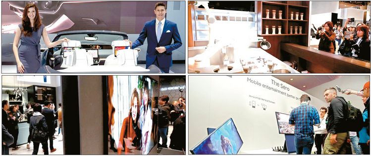 오늘개막된 CES에서 삼성, LG 등이 TV, 로봇, 인포테인먼트 신기술을 대거 선보였다. 왼쪽위 사진부터 시계 방향으로 삼성의 개인 최적화 인포테인먼트 시스템인 ‘디지털 콕핏 2020’, 국수를 뽑는 LG의 클로이 셰프봇, 모바일 콘텐츠 최적화 TV인 삼성의 ‘더 세로’(The Sero), LG의 밀착 디자인이 적용된 TV.  [연합]