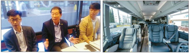 삼호관광이 VVIP용 럭셔리 관광버스를 추가 도입한다고 밝혔다. 삼호관광 관계자들이 18일 관련 내용을 발표하고 있다. 왼쪽부터 오경선 이사, 조응명 전무이사, 허시원 부장.