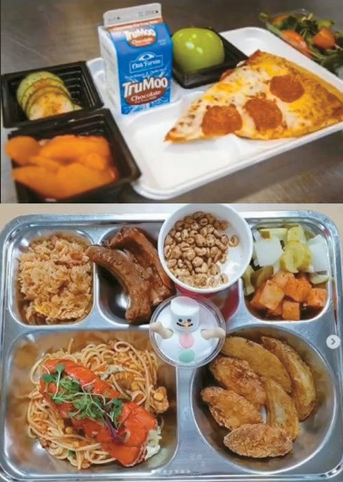 틱톡에 올라온 급식 비교. 윗쪽이 미국 급식이다. [틱톡 영상 캡처]