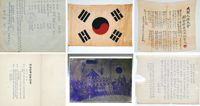 특별전에 전시될 유물. 왼쪽 시계방향으로 멕시코 메리다 지방회 국치기념식 개최보고, 대한인국민회 태극기, 총회관 낙성식 축하문, 뉴욕지방회 한국광복군·조선의용대 후원금 송금 안내문, 광복군성립 전례식 사진동판, 대한인국민회 헌장. [독립기념관 제공]